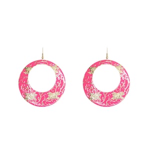 Retro Vintage 80s Gold Pink Round Circle Rose Flower Filigree Stem Leaf Pattern Hoop Colourful Statement Hook Large Dangle Drop Earrings