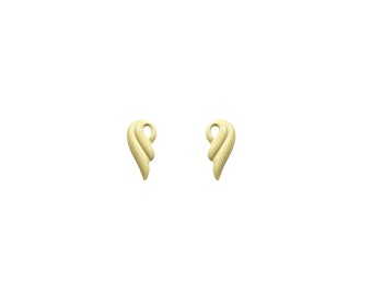May include: A pair of small, pale yellow earrings. Each earring features a curved, wing-like form with a looped top. The earrings are set against a plain white background, emphasising their delicate design and colour.