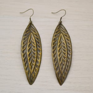 Vintage Retro 80s Bronze Marquise Leaf Leaves Nature Engraved Detailed Curved Hook Autumnal Dangly Long Large Dangle Drop Earrings