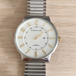 Retro Vintage 80s Silver Gold White Circle Expandable Stretch Panel Link Strap All Stainless Steel Water Resistant Analog Wrist Watch REPAIR