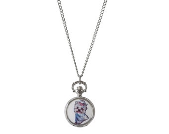 Vintage Retro 90s Silver White Blue Pink Yorkshire Terrier Dog Animal Round Circle Pocket Watch Long Curb Chain Small Pendant Necklace