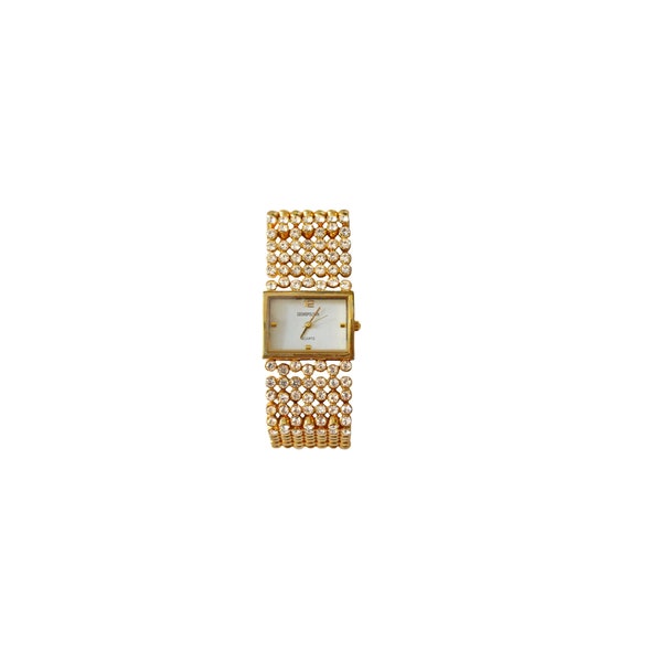 Retro Vintage 90s Gold Silver Square Clear Crystal Rhinestone Snap Lock Clasp Stainless Steel Back Signed COSMOPOLITAN Analog Wrist Watch