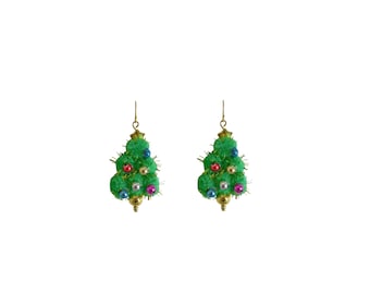 Retro Vintage 80s Gold Green Rainbow Metallic Christmas Tree Star Bauble Pom Pom Tinsel Kitsch Colourful Long Medium Dangle Drop Earrings