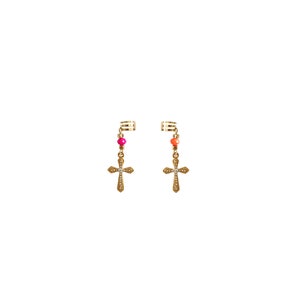 Vintage Retro 80s Gold Neon Fluorescent Orange Purple Bead Crucifix Clear Crystal Rhinestone Mismatch Dangly Medium Ear Cuff & Wrap Earrings