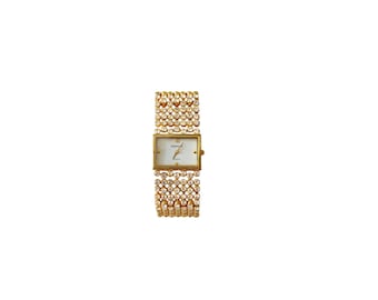 Retro Vintage 90s Gold Silver Square Clear Crystal Rhinestone Snap Lock Clasp Stainless Steel Back Signed COSMOPOLITAN Analog Wrist Watch