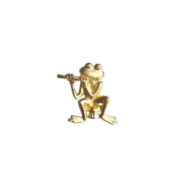 Retro Vintage 80s Gold Frog Playing Flute On A Mushroom Animal Matte Ballou Reg'd Engraved Lightweight Long Small Lapel Pin Badge Brooch