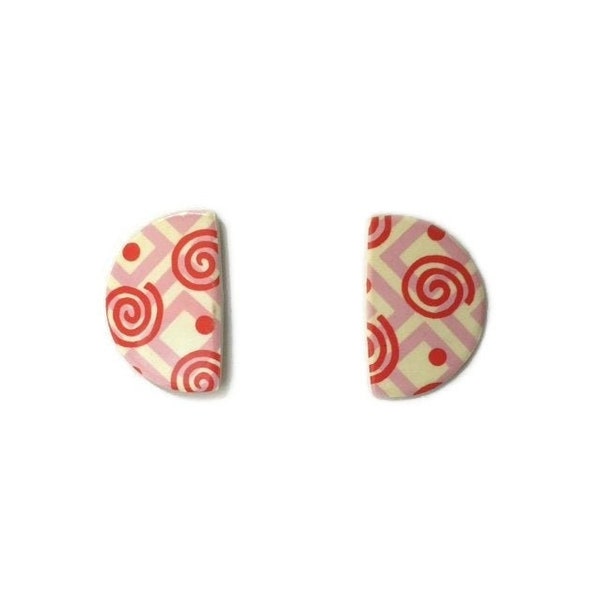 Vintage Retro 80s White Red Pale Purple Semicircle Zig Zag Square Swirl Polka Dot Pattern Smooth Flat Colourful Summer Large Stud Earrings