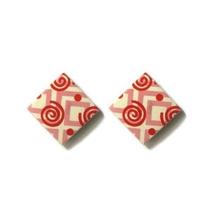 Vintage Retro 80s White Red Pale Purple Diamond Polygon Shaped Zig Zag Square Swirl Dot Pattern Smooth Flat Colourful Large Stud Earrings
