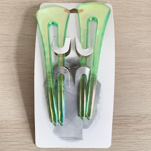 Retro Vintage 1980s Iridescent Bright Green Shiny Smooth 2 Pcs Colourful Statement Large Hair Slide Pins Accessory Set