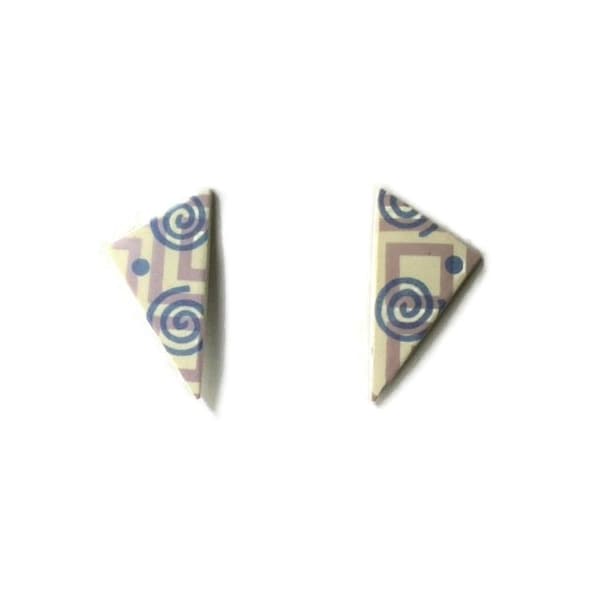 Vintage Retro 80s White Pale Purple Blue Triangle Square Zig Zag Polka Dot Swirl Pattern Smooth Flat Colourful Long Large Stud Earrings