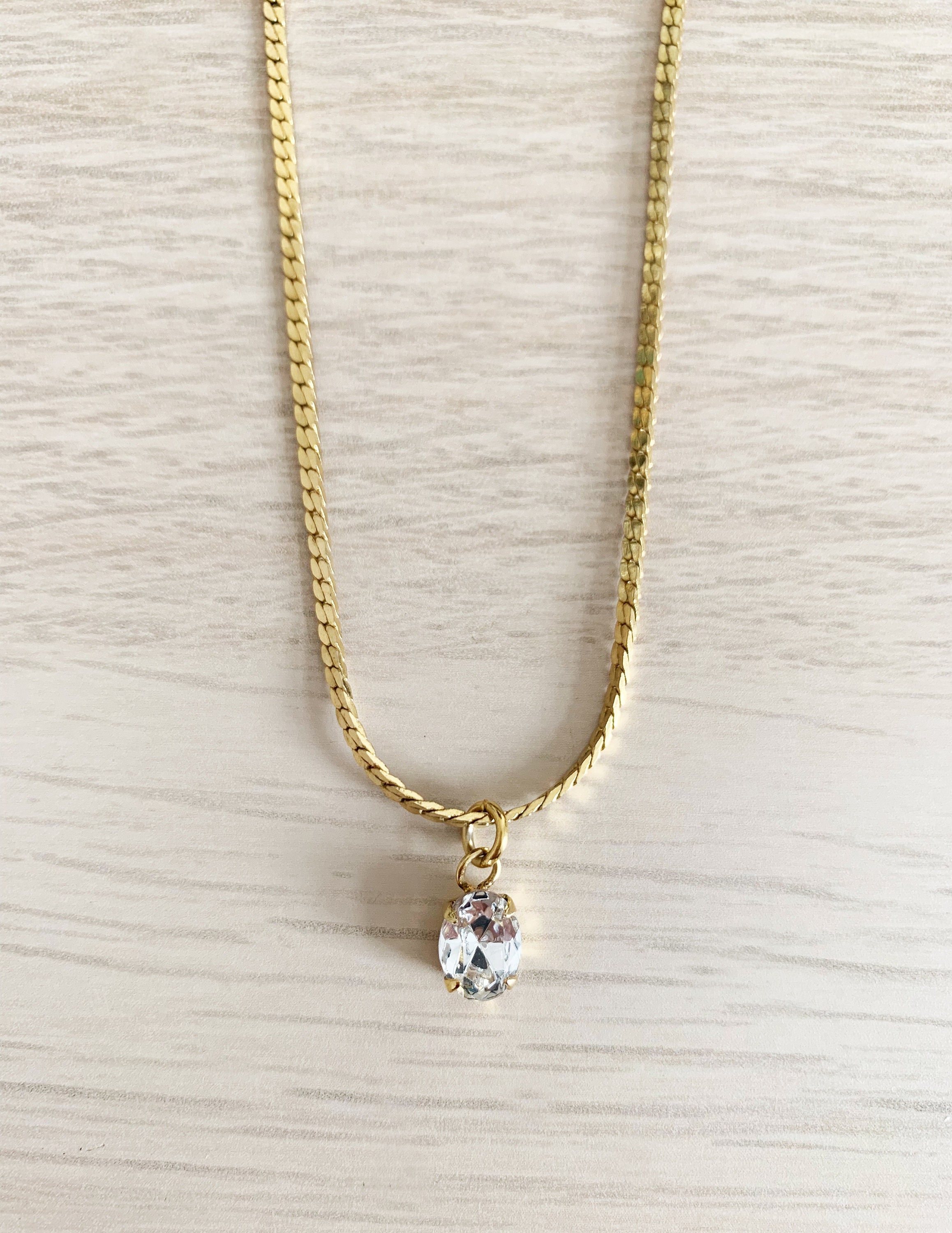 Vintage Retro 80s Gold Oval Clear Crystal Rhinestone Faceted