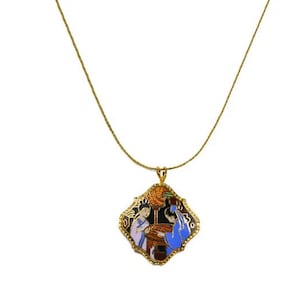 Vintage 1990&#39;s Gold Black Blue Orange Geisha Women Cloisonne Floral Ornate Japanese Pendant Necklace