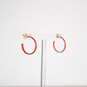 Vintage Retro 80s Red Round Circle Smooth Thin Colourful Summer Autumnal Winter Lightweight Stud Small Demi Hoop Earrings