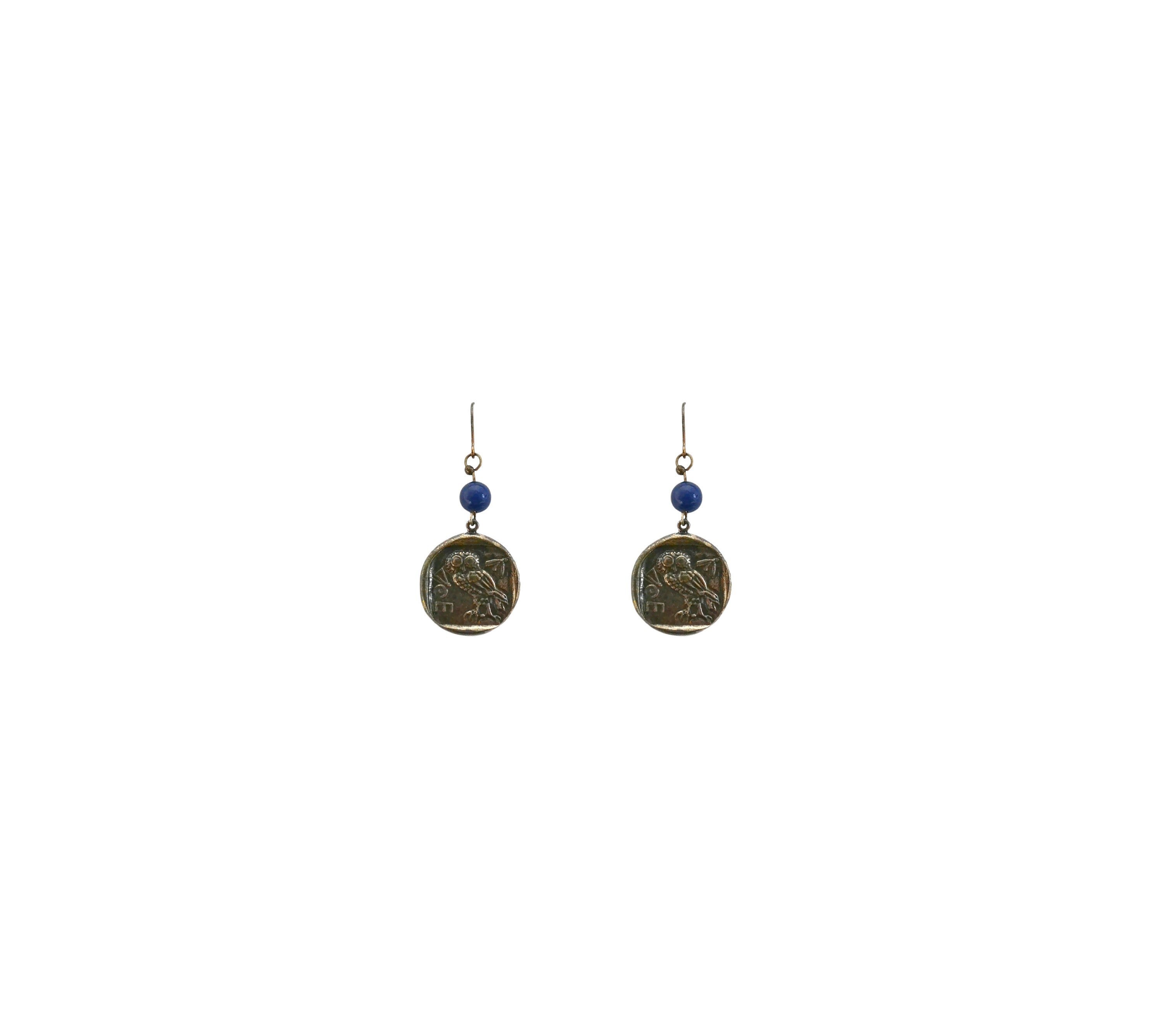 Vintage 80s Owl Dangle Earrings, Silver Tone & Dark Blue