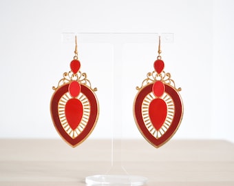 Vintage Retro 80s Red Gold Upside Down Teardrop Oval Filigree Stripy Cut Out Thin Flat Two Tone Colourful Hook Large Dangle Drop Earrings