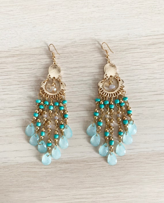 Vintage Retro 80s Gold Turquoise Blue Clear Spher… - image 3