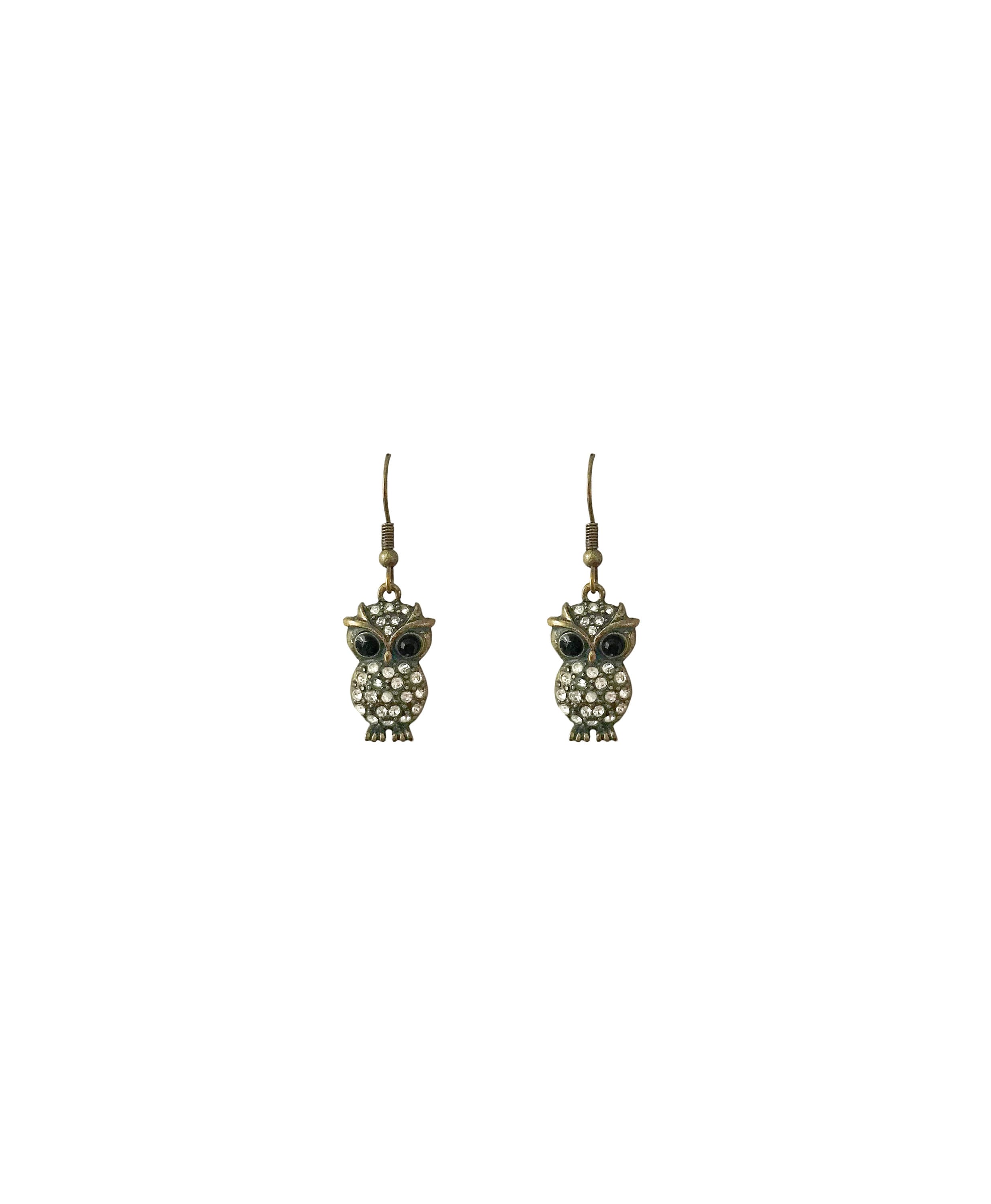 Vintage Bronze Owl Dangle Earrings, Rhinestone Crystal Accent