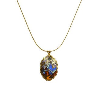 Vintage 1990's Gold Purple Blue Orange Geisha Woman Cloisonne Floral Oval Ornate Japanese Pendant Necklace