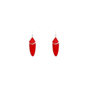 Vintage Retro 80s Red Triangle Two Piece Flat Geometric Lightweight Colourful Summer Autumnal Hook Dangly Long Large Dangle Drop Earrings