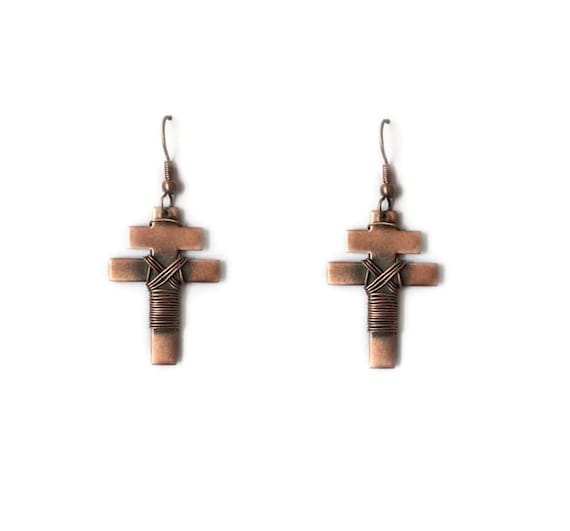 Retro Vintage 80s Copper Two Double Crucifix Rood… - image 1