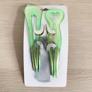 Retro Vintage 1980s Iridescent Bright Green Love Heart Shiny Smooth 2 Pcs Colourful Statement Large Hair Slide Pins Accessory Set