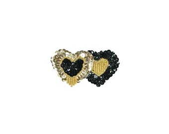 Retro Vintage 90s Gold Black Double Two Love Heart Sequin Patch Shiny Bead Fabric Material Horizontal Lightweight Large Statement Pin Brooch