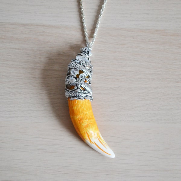 Vintage Retro 90s Silver Black Orange White Tusk Dragon Animal Tooth Engraved Detailed Colourful Long Rope Chain Large Pendant Necklace