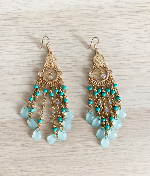 Vintage Retro 80s Gold Turquoise Blue Clear Spher… - image 2