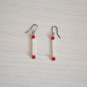 Vintage Retro 80s Red Clear Cylinder Cube Bead Matchstick Style Colourful Summer Autumnal Winter Long Dangly Hook Small Dangle Drop Earrings