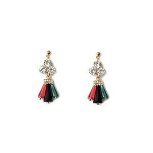 Retro Vintage 80s Red Black Green Clear Crystal Rhinestone Glass Bead Three Triple Sparkly Stud Long Colourful Medium Dangle Drop Earrings