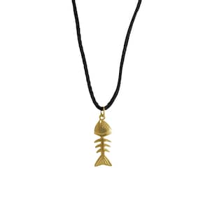 Collier vintage avec pendentif en forme d'os de poisson en or - animal marin kitsch des années 90