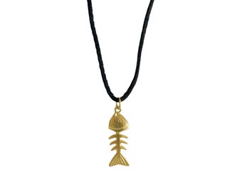 Vintage Gold Fish Bone Pendant Necklace - 90s Kitsch Sea Animal