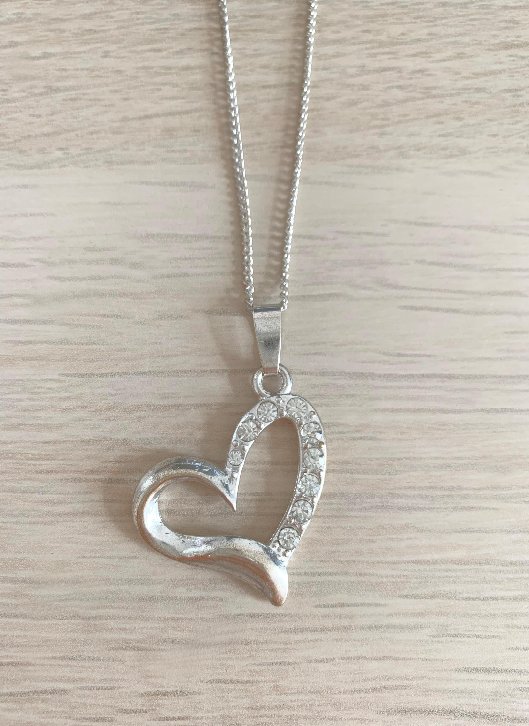 Vintage Retro 90s Silver Love Heart Shape Half Clear Crystal