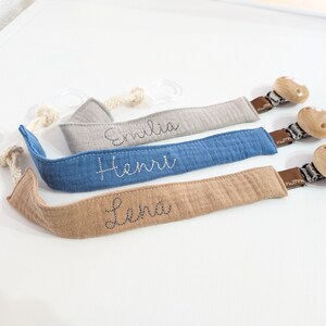 Pacifier strap muslin blue, camel or gray personalized with name, pacifier chain