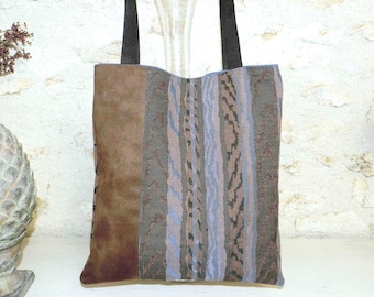 Sac tote bag bleu et beige, cabas original et chic style ethnique bleu et beige, pièce unique.