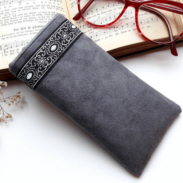 Etui à lunettes gris et argent, étui à lunettes original style bohème, création artisanale