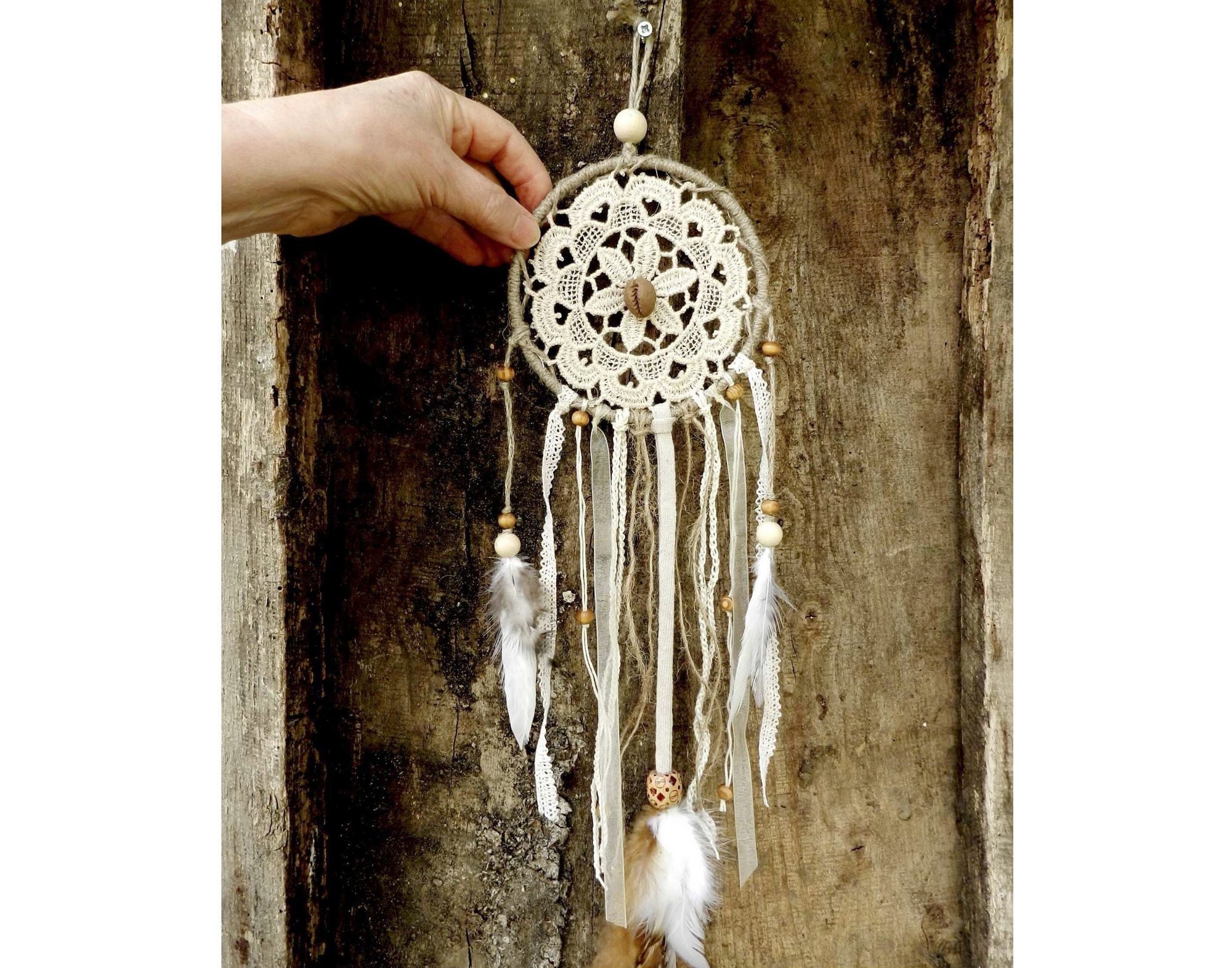 Attrape-Rêve Style Ethnique Écru et Beige Longueur 48 cm, Petit Capteur de Rêves Ivoire