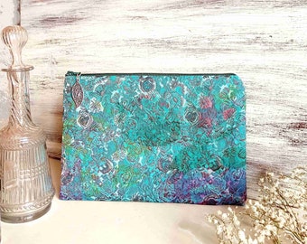 Large floral pencil case in blue and green, blue pouch with floral pattern, unique piece