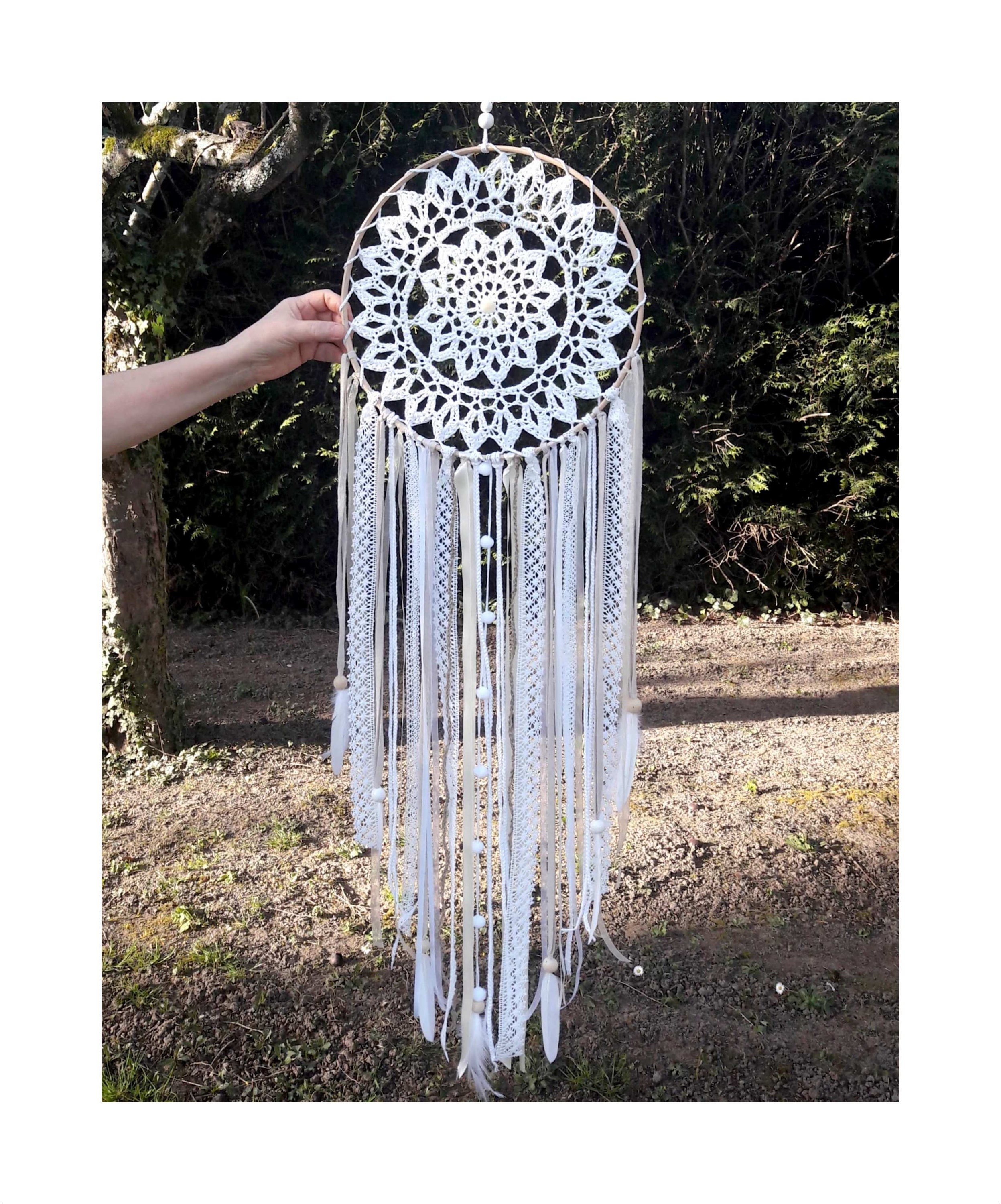 Grand Attrape-Rêve Bohème Blanc et Ivoire, Capteur de Rêves Style Ivoire Blanc, Pièce Unique
