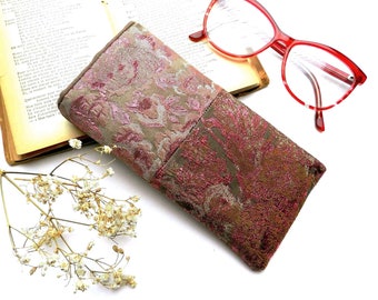 Funda de gafas boho chic rosa y beige, lujosa funda de gafas rosa