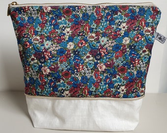 Trousse de toilette grande taille- bi-matière lin enduit écru et tissu liberty