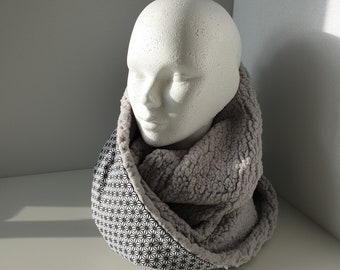 Snood - tour de cou tout en douceur  -doudou gris et coton japonais blanc et noir