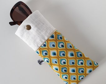 Padded glasses case with snap in blue and yellow printed cotton and ecru coated linen