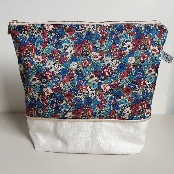 Trousse de toilette grande taille- bi-matière lin enduit écru et tissu liberty