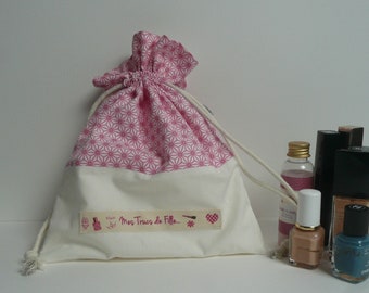 "My girly things" drawstring bag in plain pink and ecru Japanese print cotton