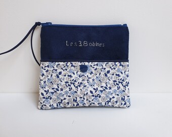 Trousse maquillage - coton style liberty bleu et alcantara bleu marine/ porte monnaie