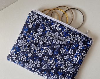 Blue Liberty style quilted pencil case - jewelry case - makeup bag