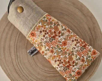 Etui à lunettes rembourré  avec pression en style  liberty orangé et lin enduit beige.