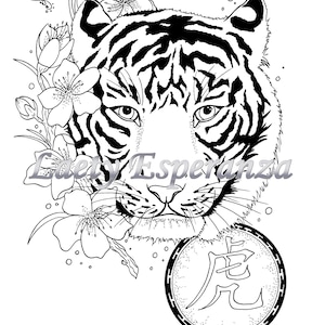 Drawing PDF to print coloring for adults and children instant download BLACK TIGRIS tiger