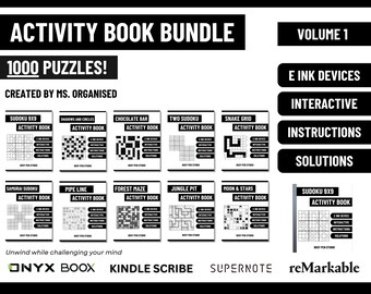 reMarkable 2, Kindle Scribe, Ratta Supernote, Onyx Book Activity Books Templates, 1000 Activities (Wordsearch, Sudoku, Crossword and More)